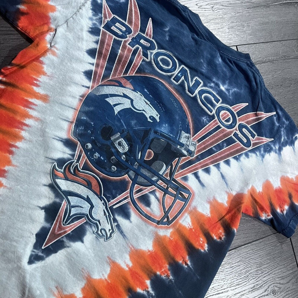 Denver Broncos T Shirt Mens Medium Blue Orange Tie Dye Double Sided Majestic NFL